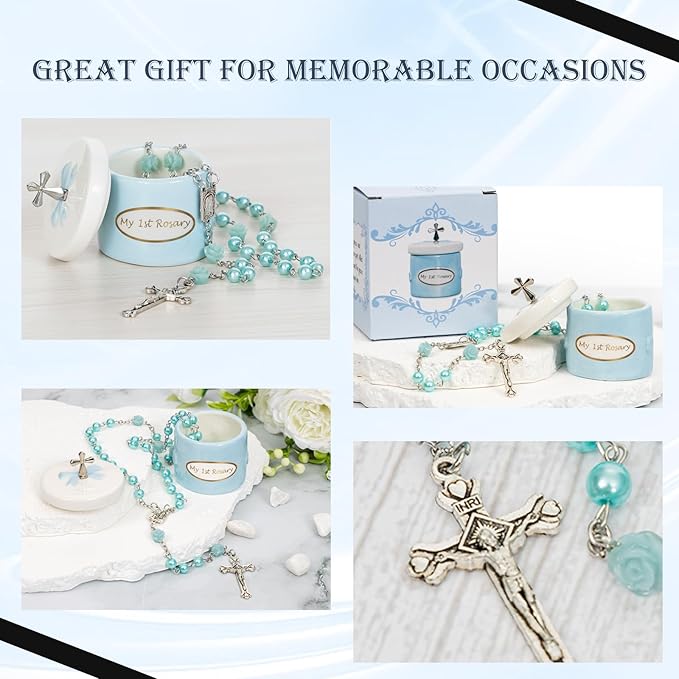 My First Blue Rosary and Keepsake Box, Catholic Baptism Gift for Baby Boy, Christening Set from Godparents, First Communion Rosary, Baby Shower Keepsake Box, Religious Boy Baptism Gifts