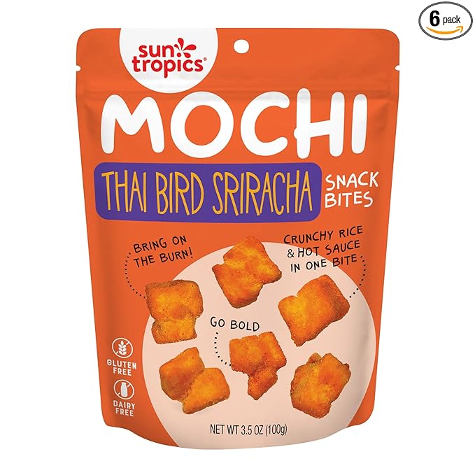 Sun Tropics Mochi Snack Bites, Thai Bird Sriracha Flavor- 3.5 oz (6 Pack)| Crispy Spicy Mochi Bites, Rice Nuggets | Mochi Puff Rice Crackers- Gluten Free & Dairy Free- No MSG Added | Asian Rice Snacks