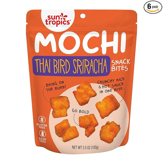 Sun Tropics Mochi Snack Bites, Thai Bird Sriracha Flavor- 3.5 oz (6 Pack)| Crispy Spicy Mochi Bites, Rice Nuggets | Mochi Puff Rice Crackers- Gluten Free & Dairy Free- No MSG Added | Asian Rice Snacks