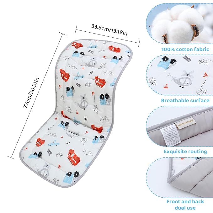 Baby Stroller Cushion,Infant Car Seat Insert-Reversible Universal Breathable and Soft Newborn Stroller Mat,100% Cotton Cover Toddler Seat Pad Liner-34x78cm,1 Pack(Car+Gray)