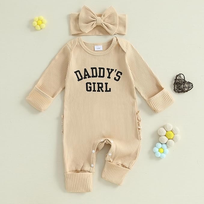 WZTYYDS Newborn Baby Girl Clothes Ribbed Romper Print Long Sleeve Jumpsuits Bow Headband Set Infant One-piece Outfits