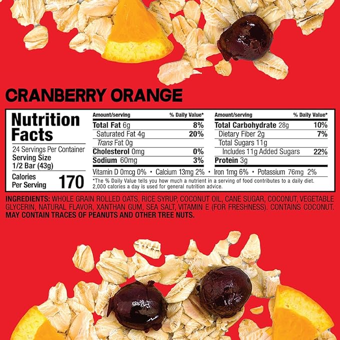 Bobo's Oatmeal Bars, Cranberry Orange, Gluten Free Vegan Whole Grain Oat Bars, Pack of 12