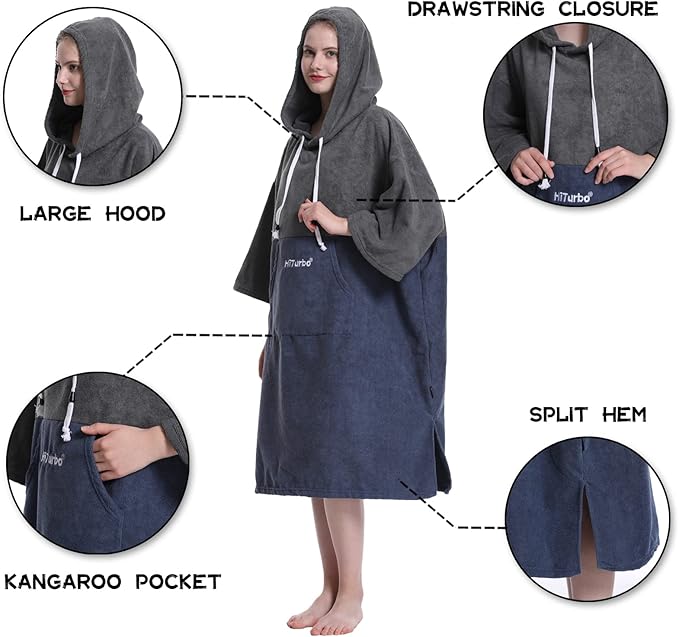 Hiturbo Changing Robe, Absorbent Quick Dry Surf Poncho, 3/4 Sleeve Microfiber Hooded Towel for Beach Swimming Surfing Bathing