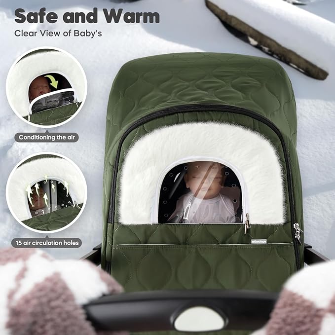 Winter Baby Car Seat Cover, Waterproof, Windproof Warm Fleece Breathable with Full Zipper for Newborn Car Seat, Green