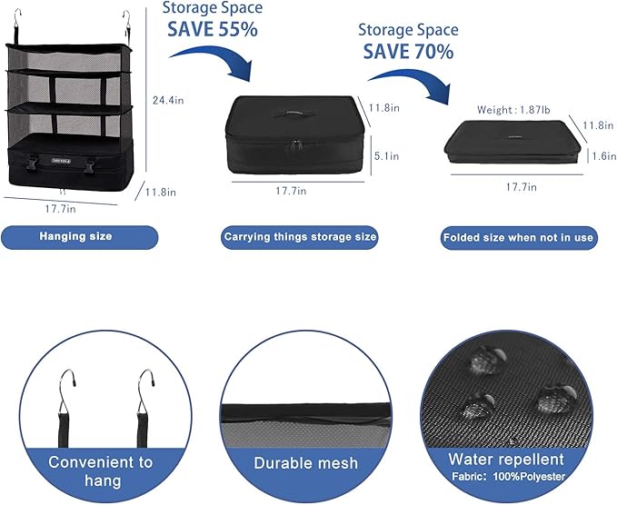 TABITORA Portable Hanging Travel Shelves Bag Packing Cube Organizer Suitcase Storage Large Capacity