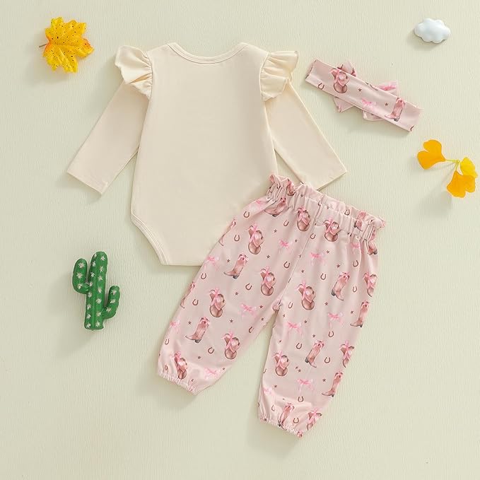 Fernvia Western Newborn Baby Girl Clothes Long Sleeve Letter Print Romper Animal Print Pants Headband 3Pcs Outfits Sets