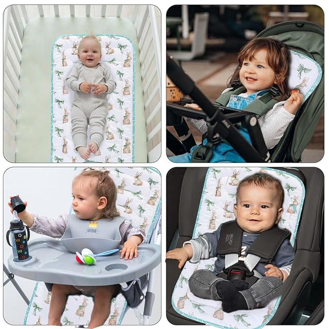 Baby Stroller Cushion,Infant Car Seat Insert-Reversible Universal Breathable and Soft Newborn Stroller Mat,100% Cotton Cover Toddler Seat Pad Liner-34x78cm,1 Pack(Rabbit+Green)