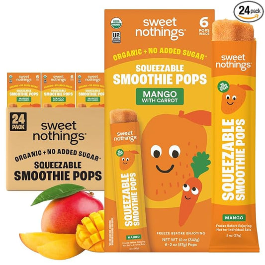 Sweet Nothings, Mango, USDA Organic Kids' Squeezable Fruit Smoothie Popsicle Pops, Value Pack of 24 - Dye-Free, No Added Sugar, Dairy-Free, Vegan, Organic Fruit and Veggie Pops, Freeze & Enjoy