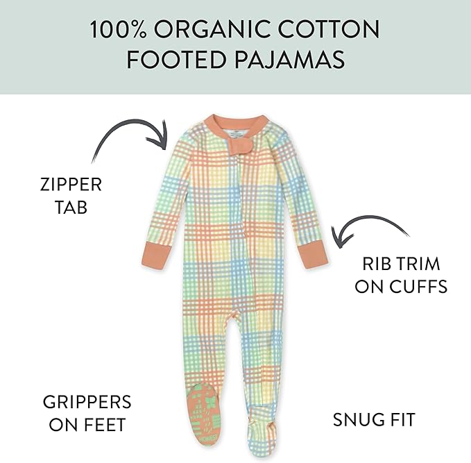 HonestBaby Non-Slip Footed Pajamas One-Piece Sleeper Zip-Front Pjs 100% Organic Cotton for Baby Girls