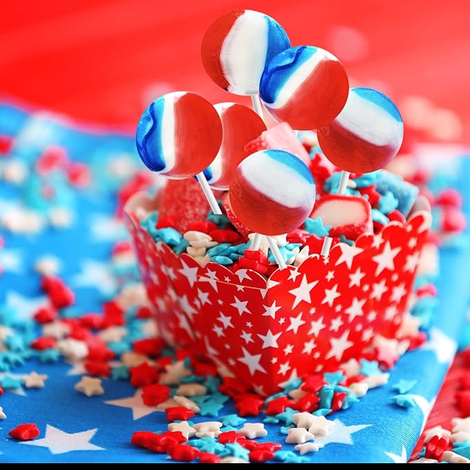 Patriotic Striped Cherry Lollipop Suckers, USA Patriotic Red, White & Blue, Hard Candy Treats, Kosher Certified, Individually Wrapped (300 Count (5LBS) Bulk)