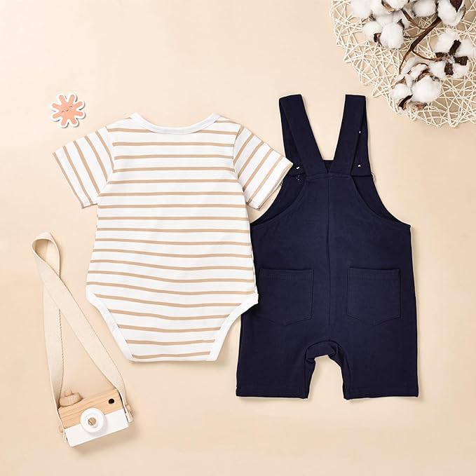 Baby Boy Clothes Newborn Outfits Stripe Romper Infant Cartoon Overall Adjustable Suspender Pants Set 0-18 Months