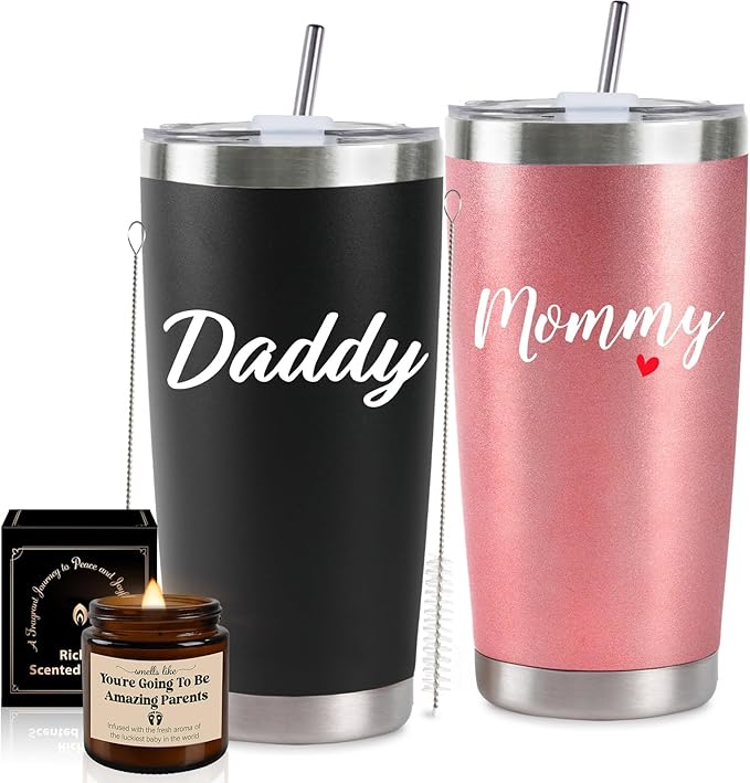 Pregnancy Gifts for New Parents 20 Oz Mom and Dad Tumbler Set for First Time Moms Dads Expecting Parents to Be Mother's Day Father's Day Baby Shower Gender Reveal Presents Xmas Gifts(Rose Gold&Black)
