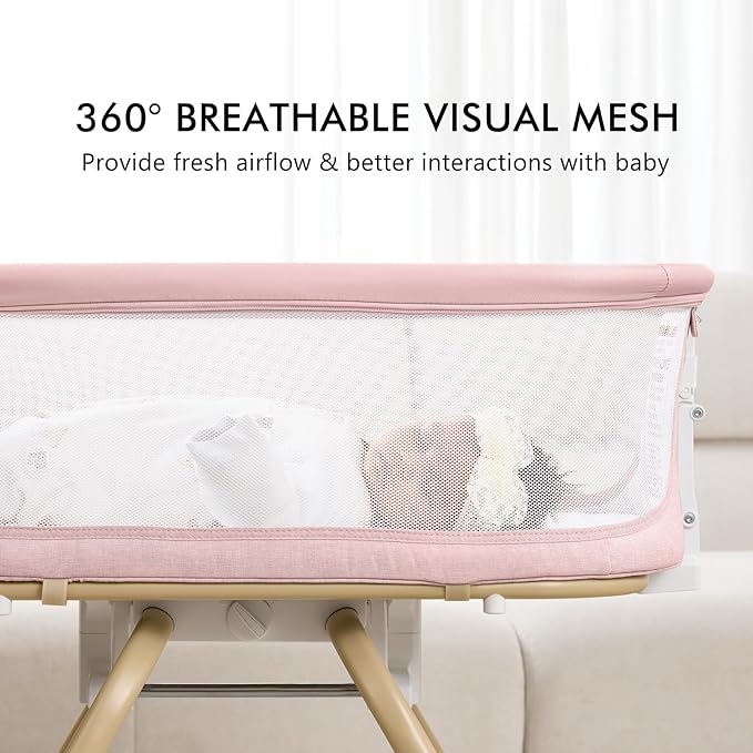 ANGELBLISS 3 in 1 Baby Bassinet, Rocking Bassinets Bedside Sleeper with Calming Motion, Portable Nest for Newborn Infant, Breathable Mesh (Pink)