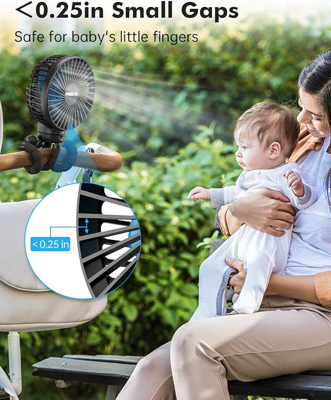 FRIZCOL Stroller Fan for Baby - Portable Fan Rechargeable - Battery Operated Fan(Use for 24Hrs) - Fan for Handheld/Clip On/Car Seat/Desk/Camping