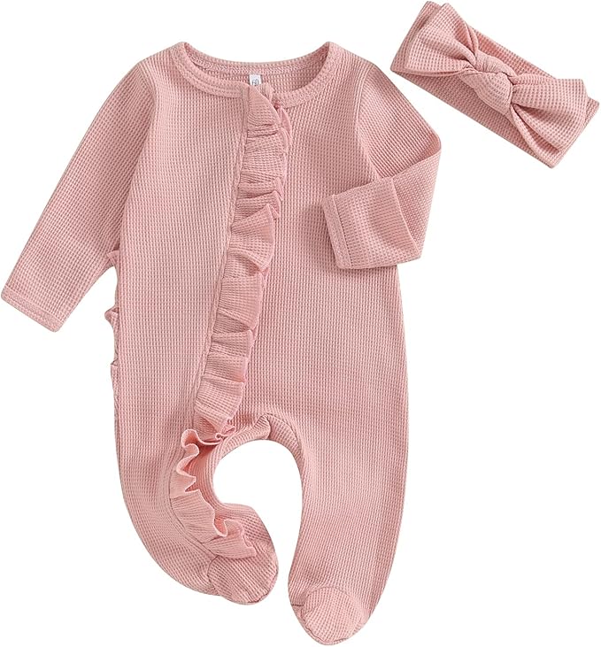 Fanvereka Newborn Infant Baby Girl Fall Outfit Romper 3 6 12 Months Girls Long Sleeve Full Length Zipper Footie Headband