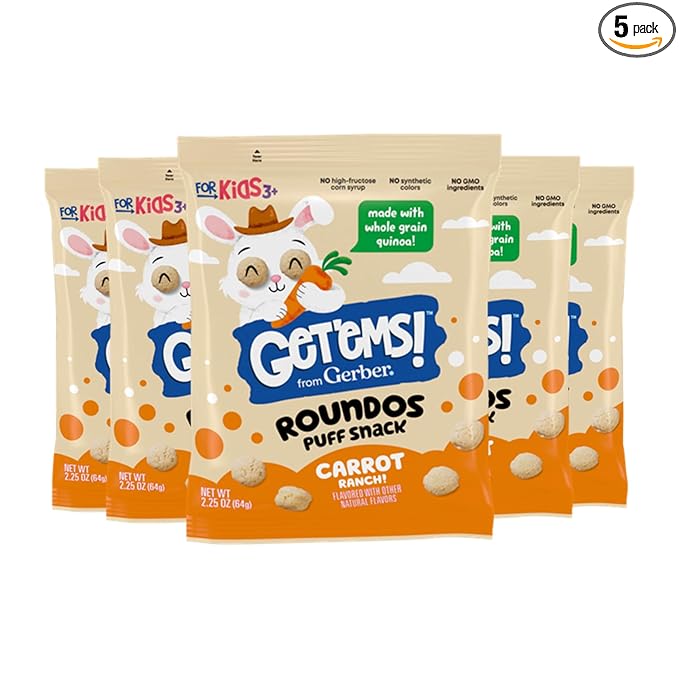 Get'ems! from Gerber, Snacks for Kids, Carrot Ranch Roundos Puffs, Made with Whole Grain Quinoa, Calcium to Support Strong Bones - 5 pack