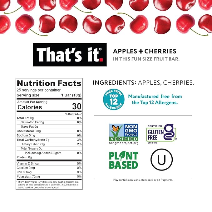 That’s it. Fun Size Fruit Bars Variety Pack - Apple + Cherry & Apple + Cinnamon (50 Pieces, 10g Each), Non-GMO, Kosher, Gluten Free, Breakfast Snacks, Allergy Friendly