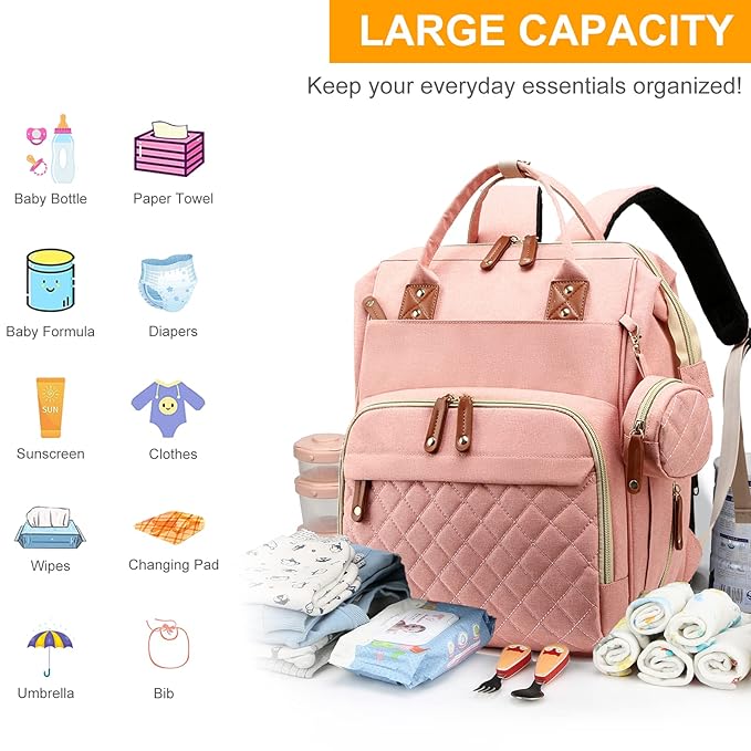 Diaper Bag with Changing Station, Waterproof Baby Bags for Boys & Girls, USB Charging Port for Parents, Must-Have Baby Essentials & Lovely Baby Shower Gifts, Pink
