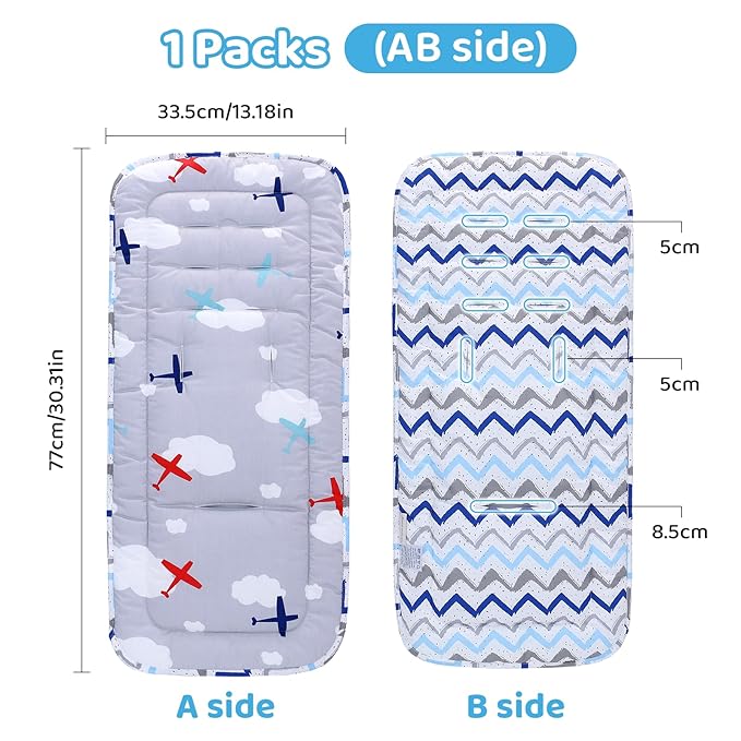 Baby Stroller Cushion,Infant Car Seat Insert-Reversible Universal Breathable and Soft Newborn Stroller Mat,100% Cotton Cover Toddler Seat Pad Liner-34x78cm,1 Pack(Gray Plane+Blue Stripes)