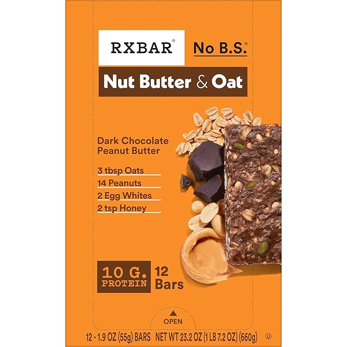 RXBAR Nut Butter and Oat Protein Bars, Protein Snacks, Snack Bars, Dark Chocolate Peanut Butter, 23.2oz Box (12 Bars)
