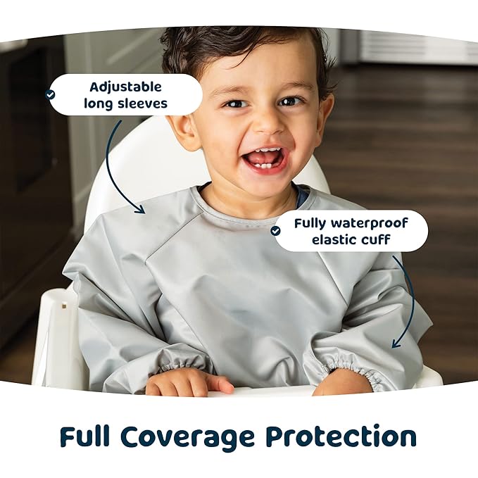 Tiny Twinkle Mess Proof Baby Bibs, 2pk Waterproof Smock Baby Bibs for Eating, Machine Washable Long Sleeve Bibs, Baby Led Weaning, Toddler Bibs, BLW Supplies (Grey Indigo, Small 6-24 Months)