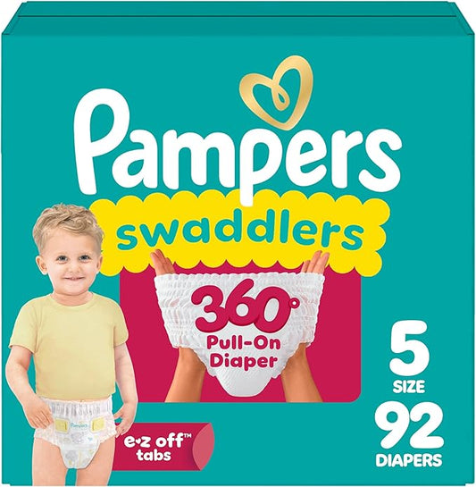 Pampers Diapers - Swaddlers 360° - Size 5, 92 Count, up to 100% Leakproof Comfy Dry Fit, Designed for Easy Changes, Pull On Baby Diaper (Packaging May Vary)