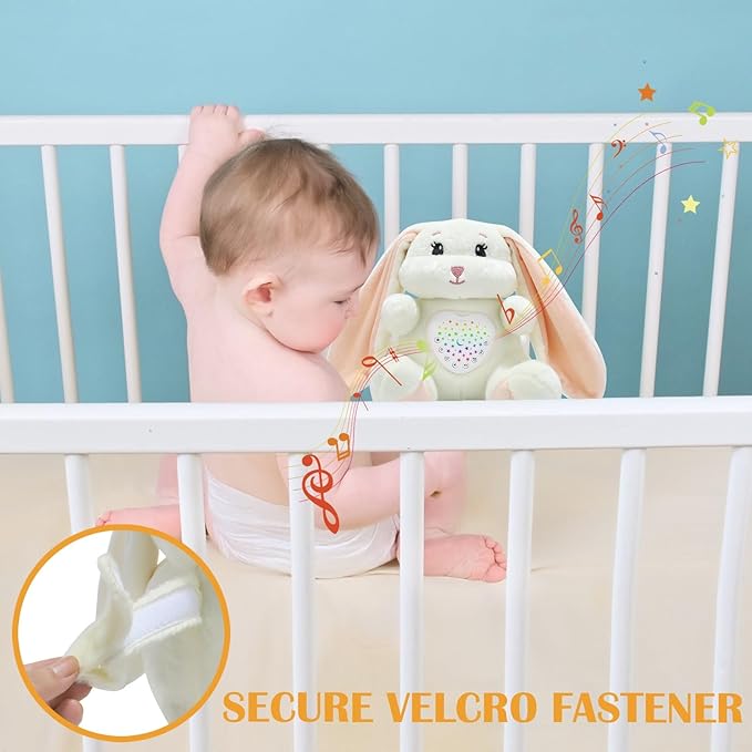 Baby Sleep Soother Bedtime Bunny Toy with Cry Sensor, Mom‘s Heartbeat Lullabies White Noise, Starlight Projector, Toddler Crib Sleeping Aid for Infant,Boy Girl Baby Gifts