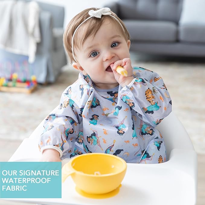 Bumkins Disney Sleeved Bib for Girl or Boy, Baby and Toddler for 6-24 Mos, Essential Must Have for Eating, Feeding, Baby Led Weaning Supplies, Long Sleeve Mess Saving Food Catcher, Jasmine