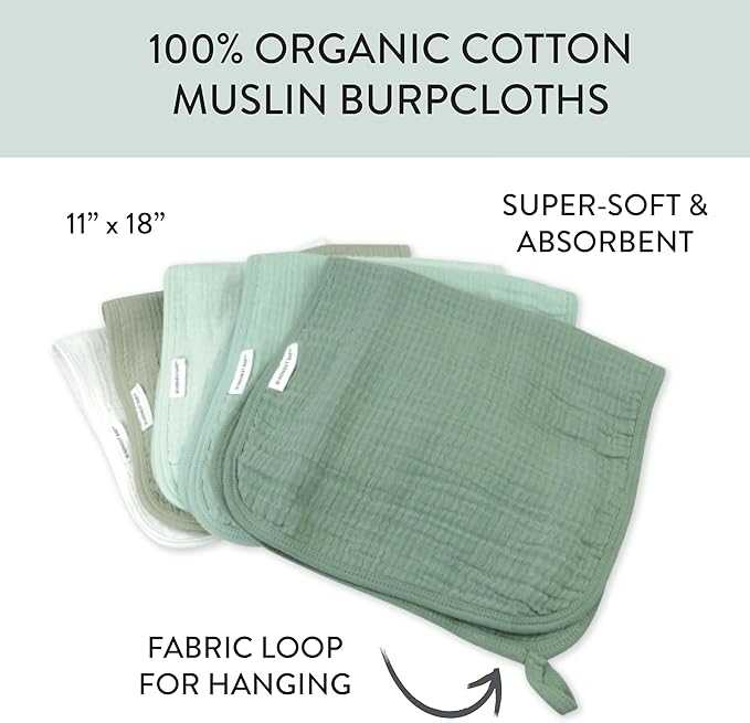 HonestBaby Multipack Woven Burp Cloths Soft Absorbent Multi-layered 100% Organic Cotton Infant Baby Boys, Girls, Unisex, Sage Ombre, One Size