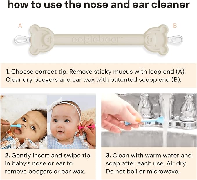oogiebear BearPair Silicone Bulb Baby Nasal Aspirator and Ear & Nose Syringe, Safely Sucks Snot and Removes Mucus, Cleanable and Reusable, Grey