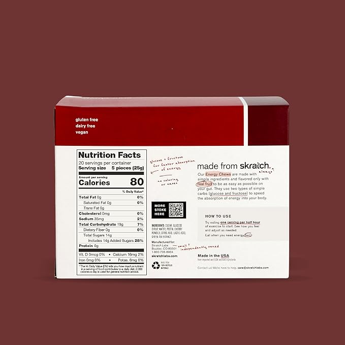 Skratch Labs Energy Chews | Caffeine Gummies for Running, Cycling, and Sports Performance | Gel Alternative | Sour Cherry (10 Pack) | Gluten Free, Vegan