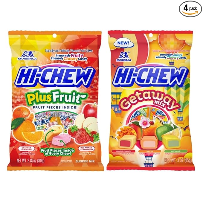 Hi Chew Candy Variety Mix, Pack of 4 Bags – 12 Flavor Assortment of Soft & Chewy Fruit Candy – Includes Fantasy Mix, Sweet & Sour, Berry, and Dessert Flavors – Individually Wrapped for Sharing & Snacking