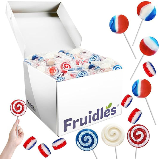 Fruidles Assorted USA Patriotic Lollipops & Barrels Mix, Red, White, and Blue Mixed Fruit Flavor, Made in Brazil, Individually Wrapped, 8g (30 Pounds (Bulk))