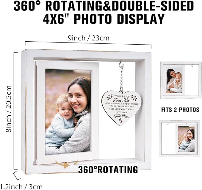 New Mom Gifts, Boy Mom Gifts - "You'll Be His First Kiss" Picture Frame Nursery Decor, Gift for Mother to Be, Baby Shower, Birthday, Mother's Day - Vintage Style Rotating Photo Frame 4x6