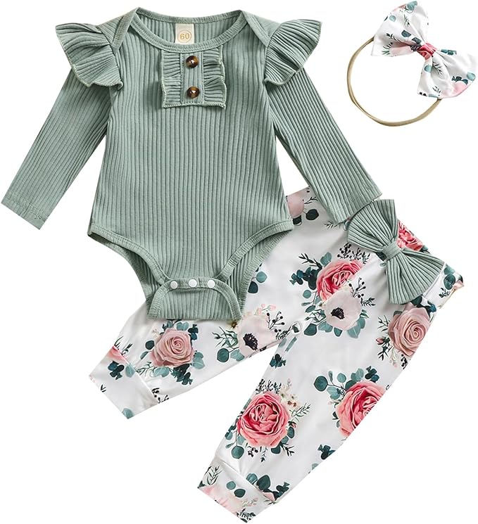 Baby Girls Clothes Ribbed Romper Bodysuit Pants Headband Set Fall Winter Outfits