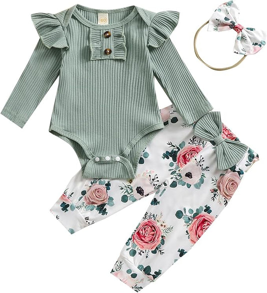 Baby Girls Clothes Ribbed Romper Bodysuit Pants Headband Set Fall Winter Outfits