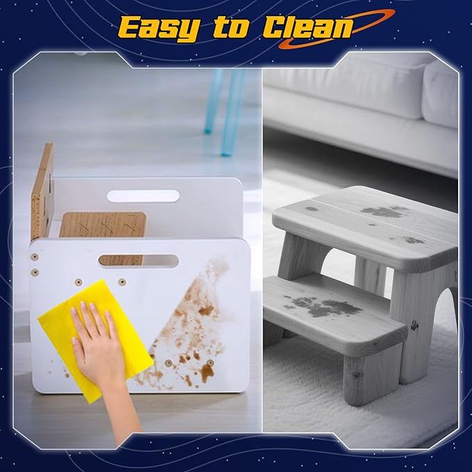 COSYLAND Wooden Toddlers Step Stool - Adjustable Height 2 Step Stools Holds Up to 200 Lbs - Robot Shaped Bathroom Stepping Stool with Non-Slip Surface and Carry Handle (Natural & White)