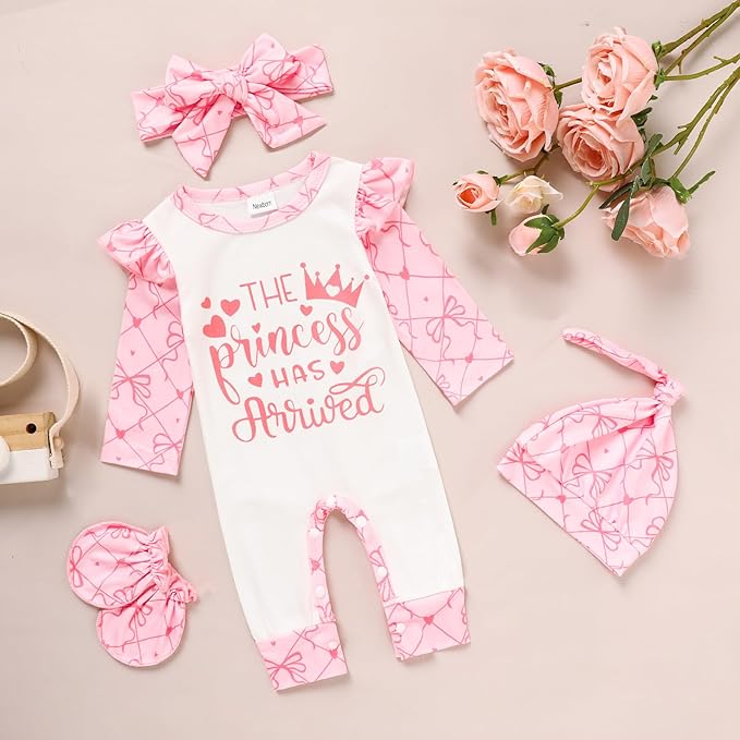 GRNSHTS Newborn Baby Girl Romper Infant Letter Print Jumpsuit Floral Bodysuit+Hat+Headband+Gloves Coming Home Clothes Outfits