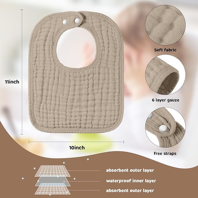 Tallew 8 Pack Baby Bibs and Muslin Burps for Baby Boy Girl Drooling and Teething 20" x 10" Burp Cloths Absorbent Rag Soft Cotton Bibs for Newborn Toddler Infant 0-24 Month Essentials(Brown Series)