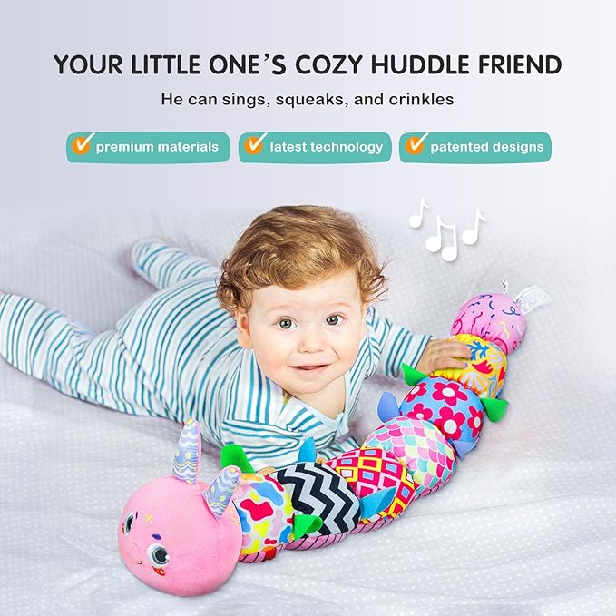 Infinno Baby Musical Stuffed Sensory Toys for Girls and Boys, Infant Soft Security Toys for Newborns 0-3-6-12 Months with Crinkle and Rattles, Caterpillar, Pink