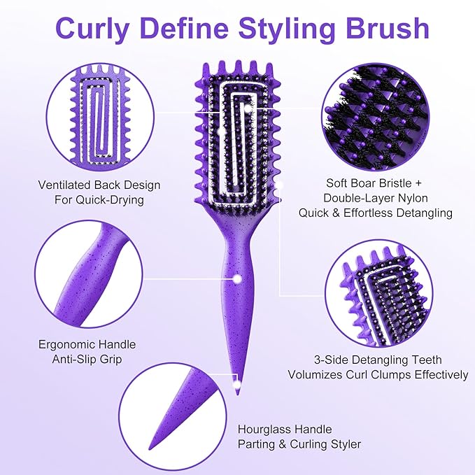Curly Hair Brush, Curl Defining Brush with Soft Boar Bristles Detangling Tangled Glides, Wide-Teeth Design Effortlessly Shaping & Defining Curls, Curling Definer for Wet & Dry Hair (Purple)