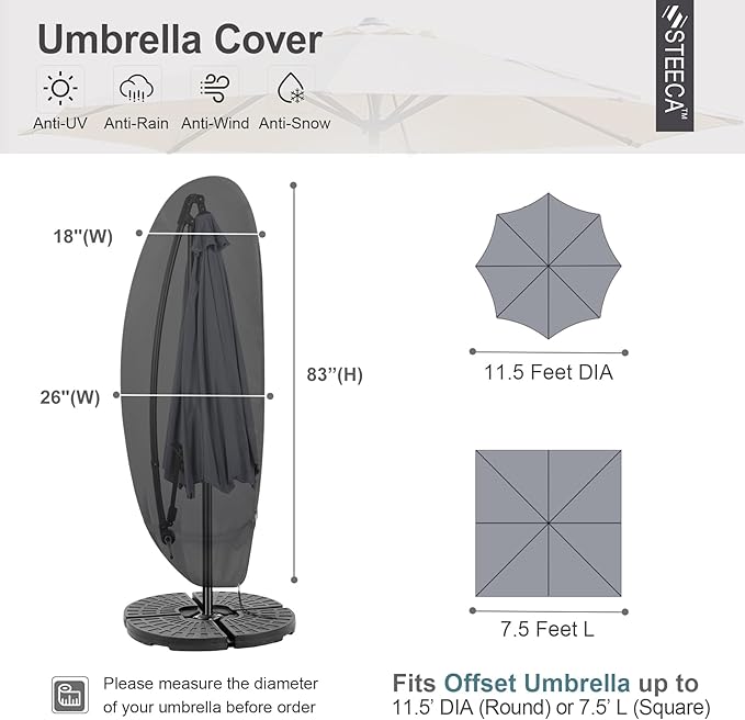 Patio Waterproof Umbrella Cover, Outdoor Offset Parasol Cover for 7.5-11.5 Feet Cantilever Banana Frame Umbrella, Black