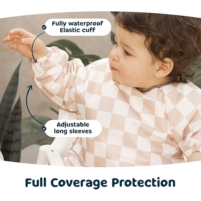 Tiny Twinkle Mess Proof Baby Bibs, 2pk Waterproof Smock Baby Bibs for Eating, Machine Washable Long Sleeve Bibs, Baby Led Weaning, Toddler Bibs, BLW Supplies (Pink,Beige Checkers, Small 6-24 Months)