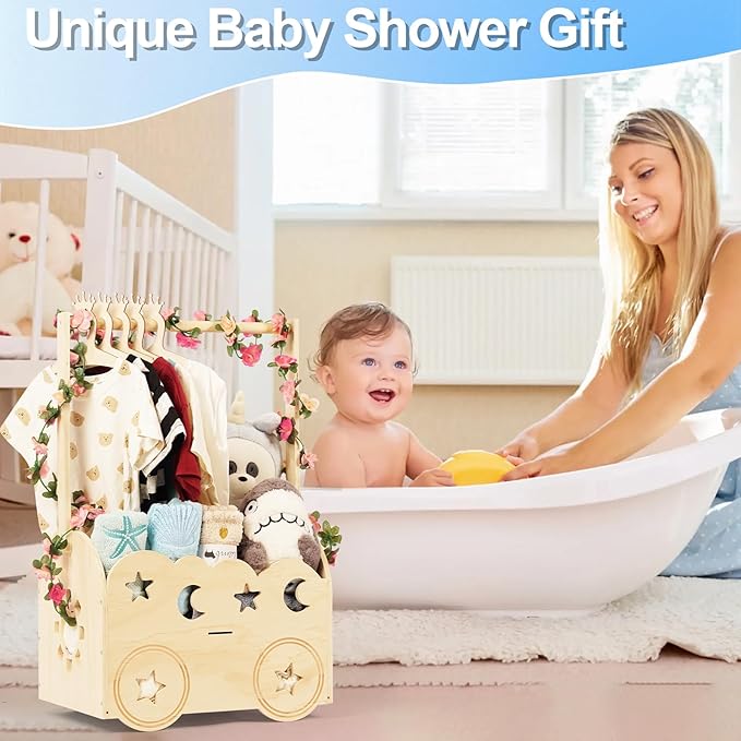 Wooden Baby Shower Basket with Hanger Rack - Personalized Baby Gift, Newborn Essentials Organizer for Nursery, Welcome Gift Basket for Newborn, Pregnancy Gifts for New Parents.