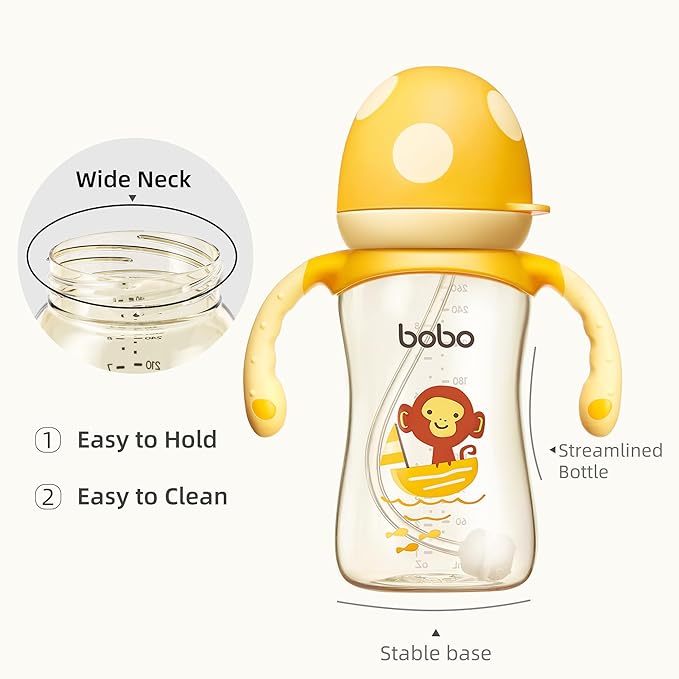 YOHKOH Natural PPSU Baby Bottle with Natural Response Nipple, Newborn Anti-Colic Baby Bottles with Handle, Wide Neck Mushroom Cap Baby Bottle (8.8oz (Pack of 4), Yellow)