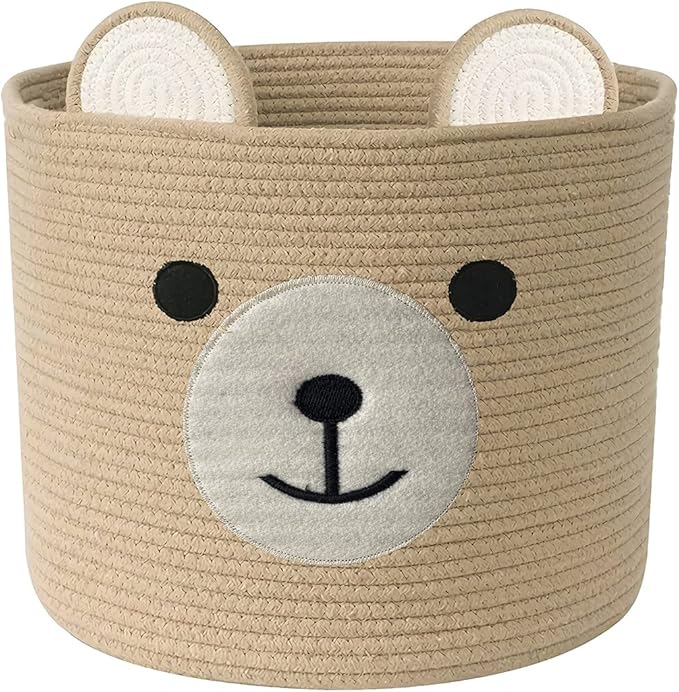 Bear Laundry Baskets Laundry Hamper Storage Baskets with Handles,Decorative Basket for Living room,Woven Storage Basket for Toys Bin Pillows Blankets Clothes (Khaki - Version 2)
