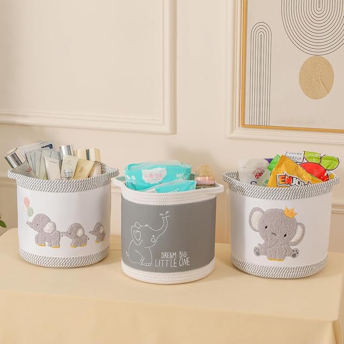3-Piece Woven Baby Toy Blanket Storage Baskets Laundry Hampers, Elephant Design Foldable Nursery Organizer for Toys Clothes Stuffed Animals, Roomy Sturdy Hamper for Baby Gift Nursery Decor Basket