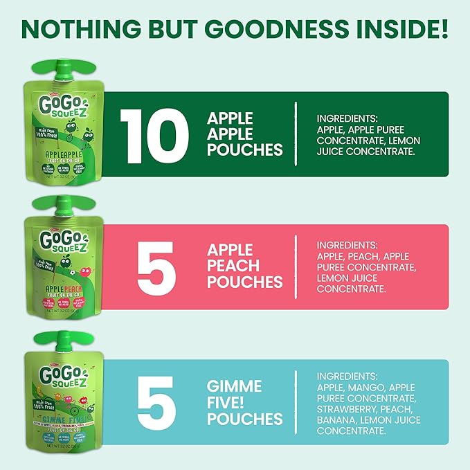 GoGo squeeZ Applesauce and Fruit Puree Variety Pack, Apple, Peach & Gimme Five!, 3.2 oz (Pack of 20), Unsweetened Fruit Snacks for Kids, Gluten Free, Nut Free and Dairy Free, BPA Free Pouches