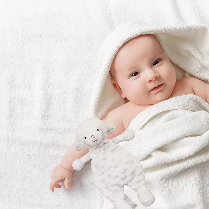 Baby White Lamb Soft Stuffed Animal Security Blanket, Plush Sheep Character Lovey Blanket, Baby Shower/Nursery Gift, Newborn Infant Toddler Snuggle Blankie for Boys Girls, 10 Inches