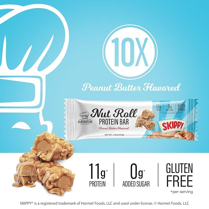 Genius Gourmet SKIPPY Peanut Butter Flavor Inspired Protein Nut Roll Bar,11g Protein per serving(18% DV), 0g Added Sugar, Carb Conscious Snack Bar, Gluten Free – 10 Count